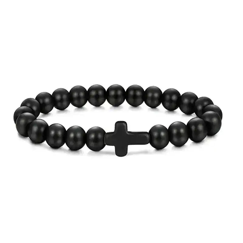 Bead Bracelet | Natural Stone Wood Prayer Rosary with Cross Charm Dropified