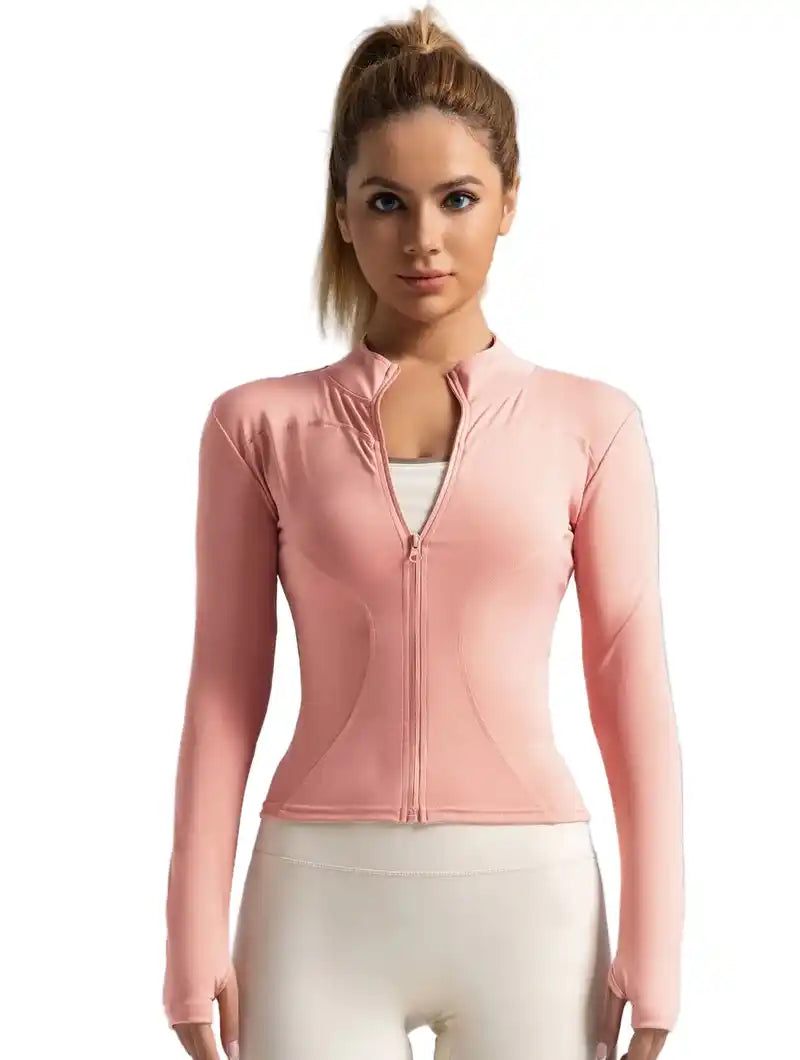 Front view of pink women's long-sleeved yoga jacket with athletic fit and zipper, perfect for stylish fitness and running.