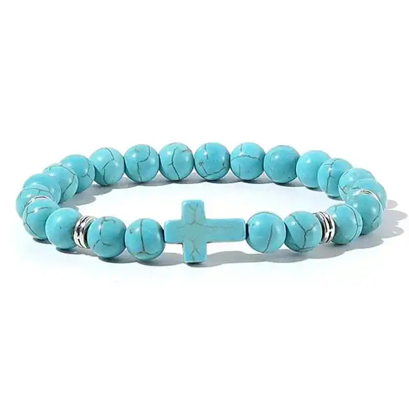 Bead Bracelet | Natural Stone Wood Prayer Rosary with Cross Charm Dropified