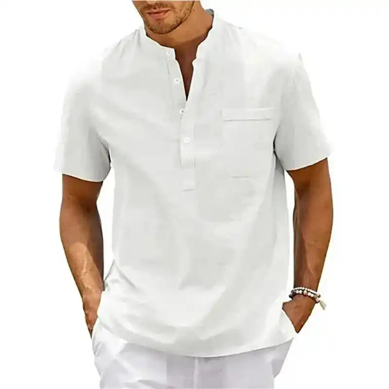 Cotton Linen Shirt | Men's Henley Neck Short Sleeve Beach Casual Top Dropified