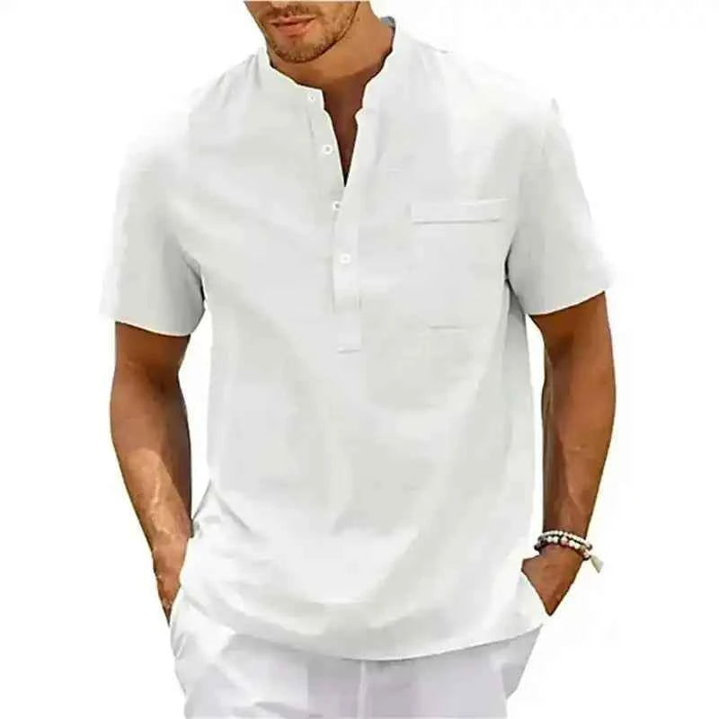 Men’s Cotton Linen Shirt – Henley Neck Short Sleeve Casual Top - Lifestyle Travel Trading