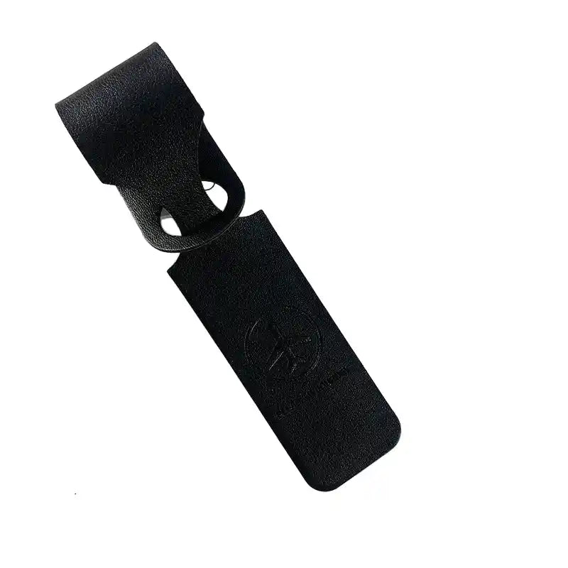 Black PU leather luggage tag with embossed logo and loop strap. Durable suitcase identifier for travel bags and carry-ons.
