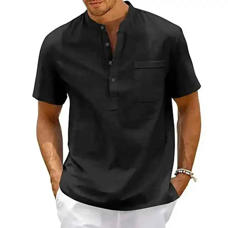 Men’s Cotton Linen Shirt – Henley Neck Short Sleeve Casual Top - Lifestyle Travel Trading