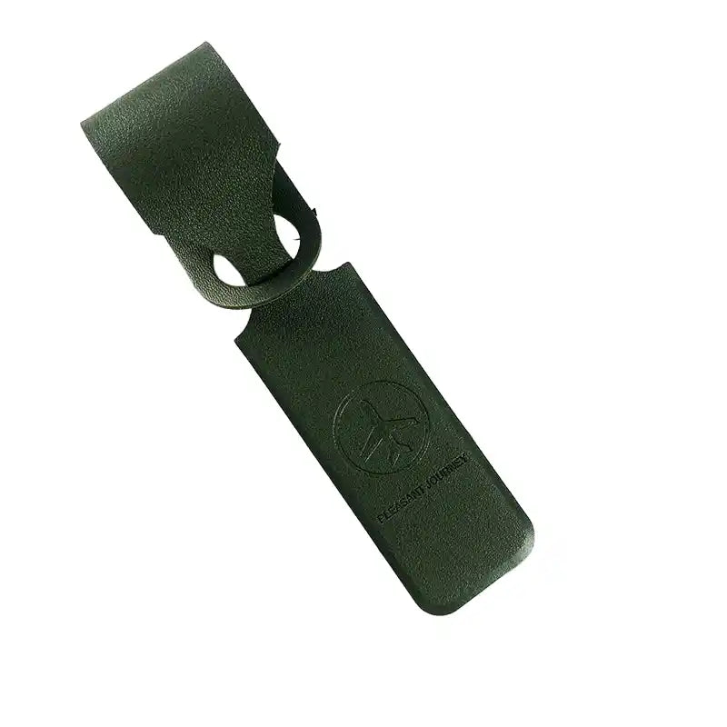 Green PU leather luggage tag with embossed logo and secure strap. Ideal travel accessory for identifying suitcases and bags.