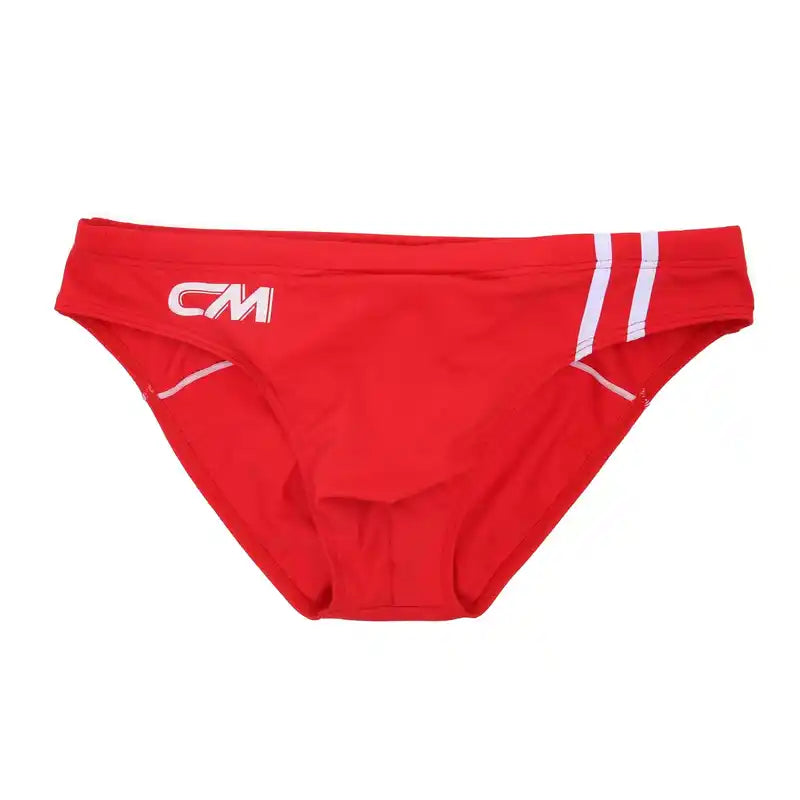Red Men's Swim Trunks | Bulge Pouch Drawstring Swimming Briefs with white stripes and logo, offering a bold look for poolside fashion.