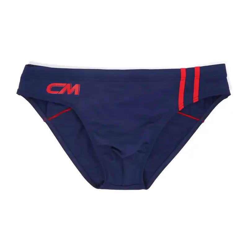 Navy blue Men's Swim Trunks | Bulge Pouch Drawstring Swimming Briefs with red accents and logo, perfect for athletic swimwear needs.