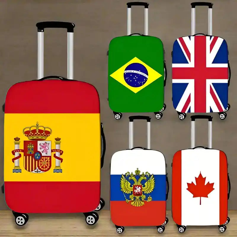 Colorful suitcases with world flags showcasing lifestyle travel trading and spacious PC luggage