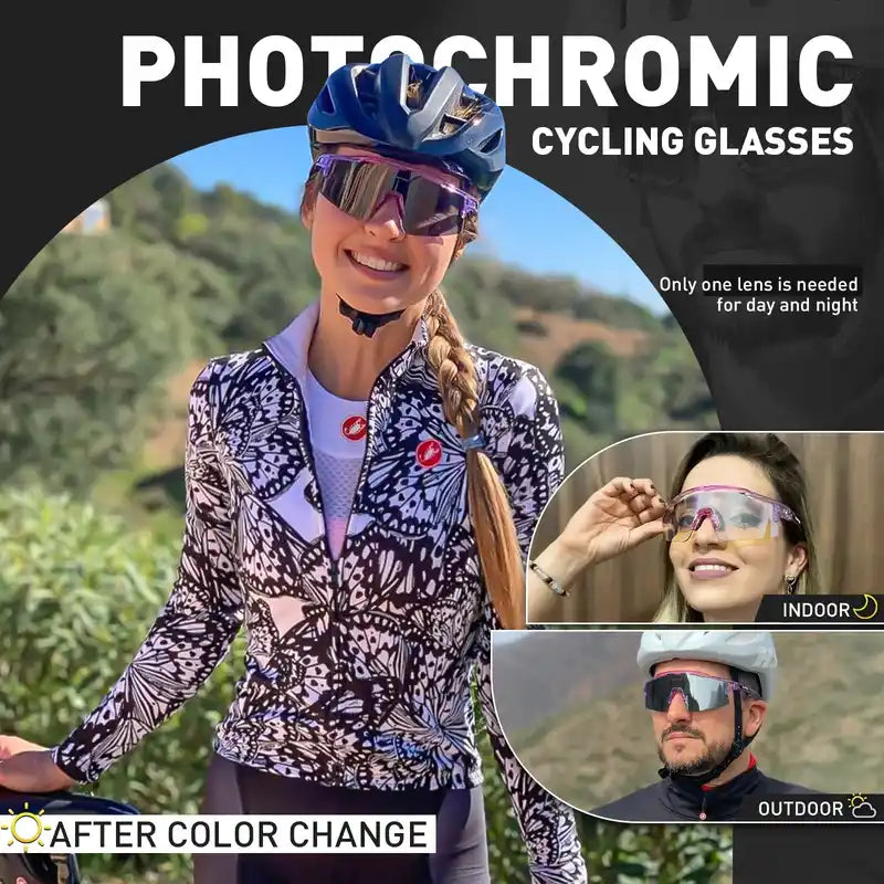 Woman modeling Photochromic Cycling Glasses for Stylish Protection, with indoor and outdoor lens color change for UV400 protection.