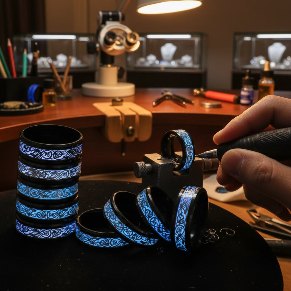 Engravable Dragon Spinner Ring in glow-in-the-dark titanium being crafted in a jeweler's workshop. Ideal for gothic fashion and fidget relief.