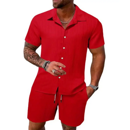 2024 Men's Summer Fashion Beach Set - Casual Solid Colour Loose Short Sleeve Shirt & Shorts,Menwswear,accessories, apparel, Mens Sets, mens tops, menswear, red, shirts, shorts,Lifestyle Travel Trading,AU,lifestyletraveltrading.com.au