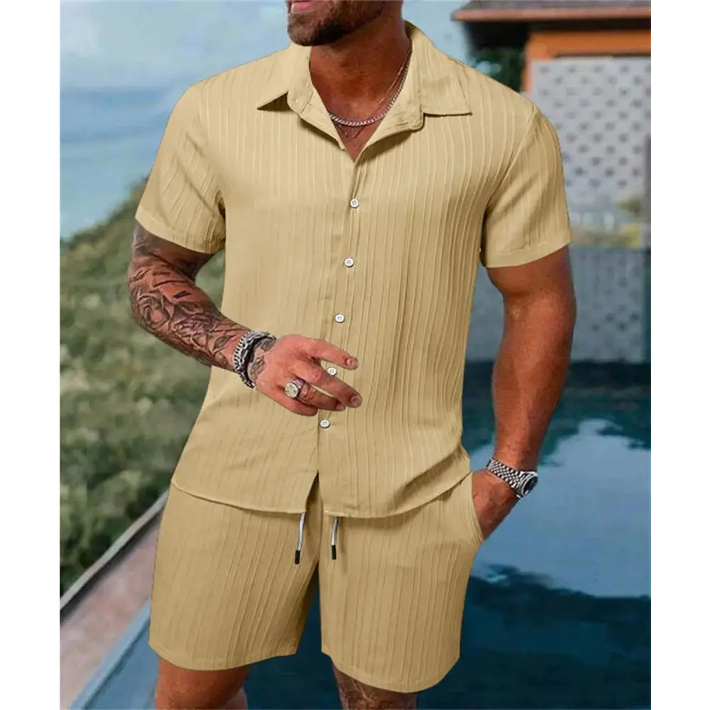 2024 Men's Summer Fashion Beach Set - Casual Solid Colour Loose Short Sleeve Shirt & Shorts,Menwswear,accessories, apparel, Mens Sets, mens tops, menswear, red, shirts, shorts,Lifestyle Travel Trading,AU,lifestyletraveltrading.com.au