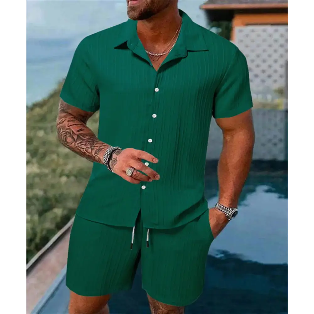 2024 Men's Summer Fashion Beach Set - Casual Solid Colour Loose Short Sleeve Shirt & Shorts,Menwswear,accessories, apparel, Mens Sets, mens tops, menswear, red, shirts, shorts,Lifestyle Travel Trading,AU,lifestyletraveltrading.com.au