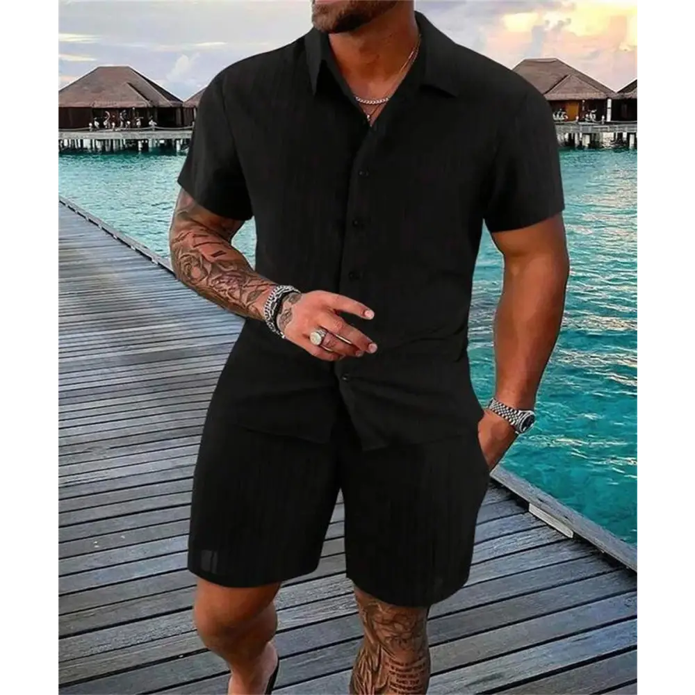 2024 Men's Summer Fashion Beach Set - Casual Solid Colour Loose Short Sleeve Shirt & Shorts,Menwswear,accessories, apparel, Mens Sets, mens tops, menswear, red, shirts, shorts,Lifestyle Travel Trading,AU,lifestyletraveltrading.com.au