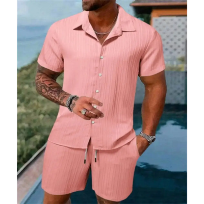 2024 Men's Summer Fashion Beach Set - Casual Solid Colour Loose Short Sleeve Shirt & Shorts,Menwswear,accessories, apparel, Mens Sets, mens tops, menswear, red, shirts, shorts,Lifestyle Travel Trading,AU,lifestyletraveltrading.com.au