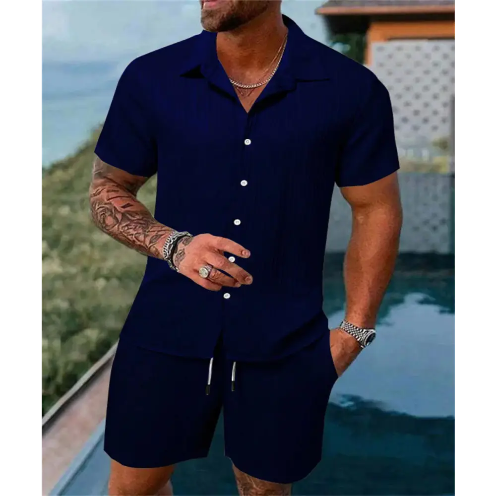 2024 Men's Summer Fashion Beach Set - Casual Solid Colour Loose Short Sleeve Shirt & Shorts,Menwswear,accessories, apparel, Mens Sets, mens tops, menswear, red, shirts, shorts,Lifestyle Travel Trading,AU,lifestyletraveltrading.com.au