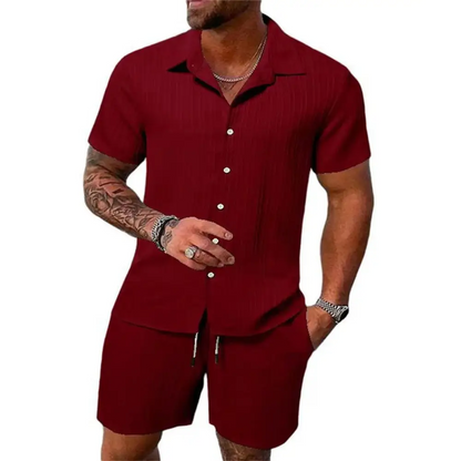 2024 Men's Summer Fashion Beach Set - Casual Solid Colour Loose Short Sleeve Shirt & Shorts,Menwswear,accessories, apparel, Mens Sets, mens tops, menswear, red, shirts, shorts,Lifestyle Travel Trading,AU,lifestyletraveltrading.com.au