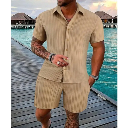 2024 Men's Summer Fashion Beach Set - Casual Solid Colour Loose Short Sleeve Shirt & Shorts,Menwswear,accessories, apparel, Mens Sets, mens tops, menswear, red, shirts, shorts,Lifestyle Travel Trading,AU,lifestyletraveltrading.com.au