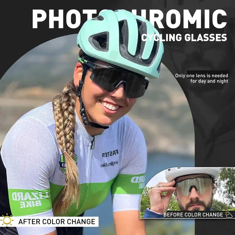 Female cyclist wearing Photochromic Cycling Glasses for Stylish Protection, demonstrating lens color change under sunlight.