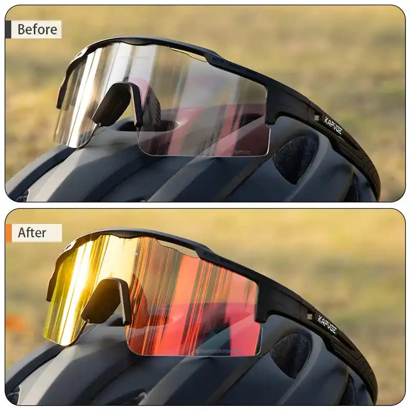 Before and after lens transition of Photochromic Cycling Glasses for Stylish Protection, highlighting UV400 adaptive lens technology.