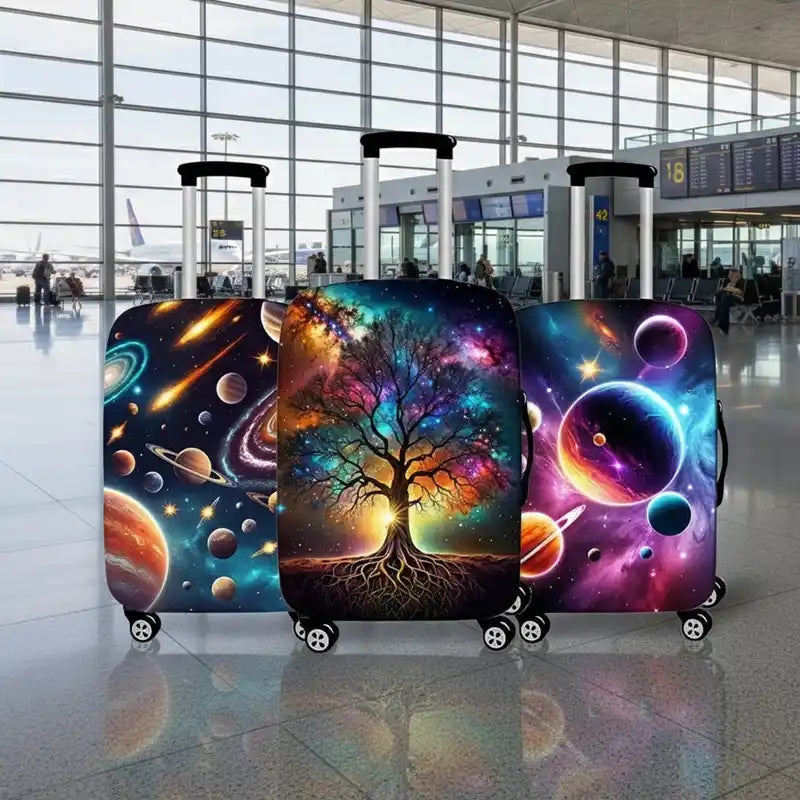 Three suitcase covers with space-themed designs on a white background