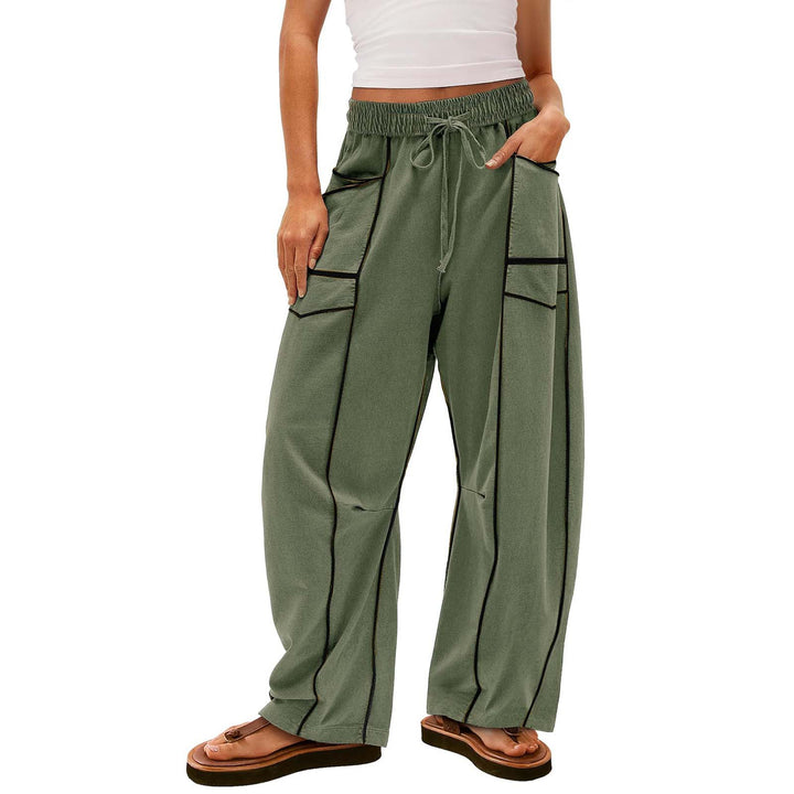 Women’s Wide‑Leg Cotton Pants – Mid‑Waist Trousers with Colour Stitch Design