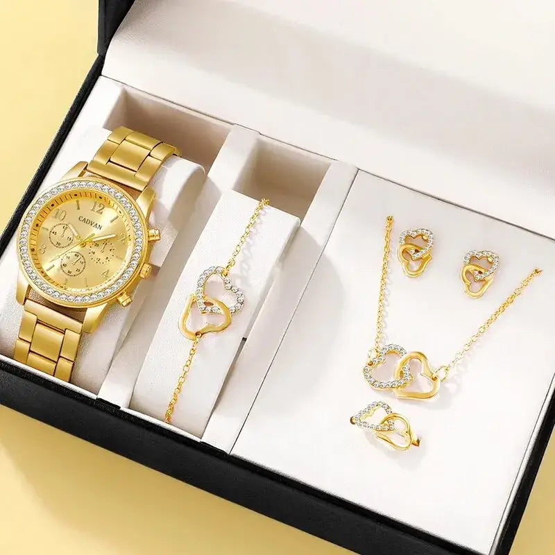 6PCS Luxury Women Watch Ring Necklace Earring Set - HH10642 - Jewellery