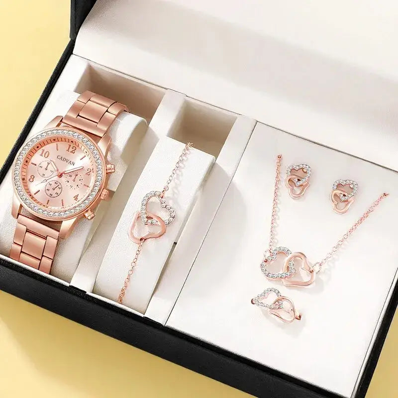 6PCS Luxury Women Watch Ring Necklace Earring Set - Rose Gold - Jewellery