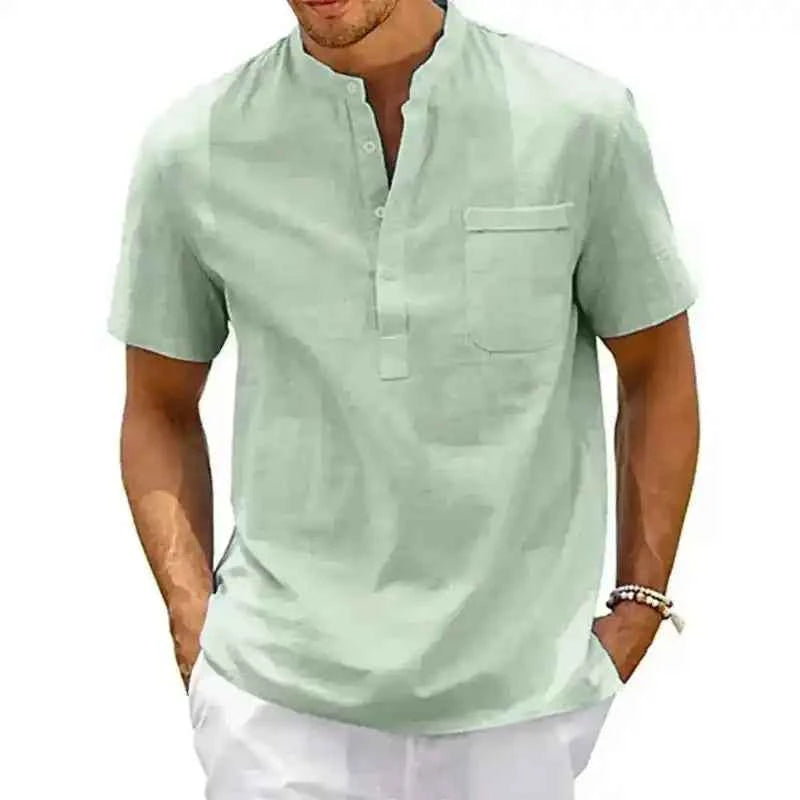 Men’s Cotton Linen Shirt – Henley Neck Short Sleeve Casual Top - Lifestyle Travel Trading