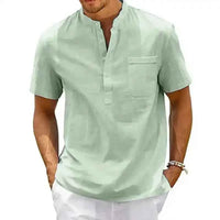 Men’s Cotton Linen Shirt – Henley Neck Short Sleeve Casual Top - Lifestyle Travel Trading
