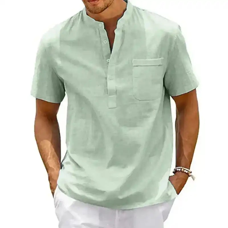 Cotton Linen Shirt | Men's Henley Neck Short Sleeve Beach Casual Top Dropified