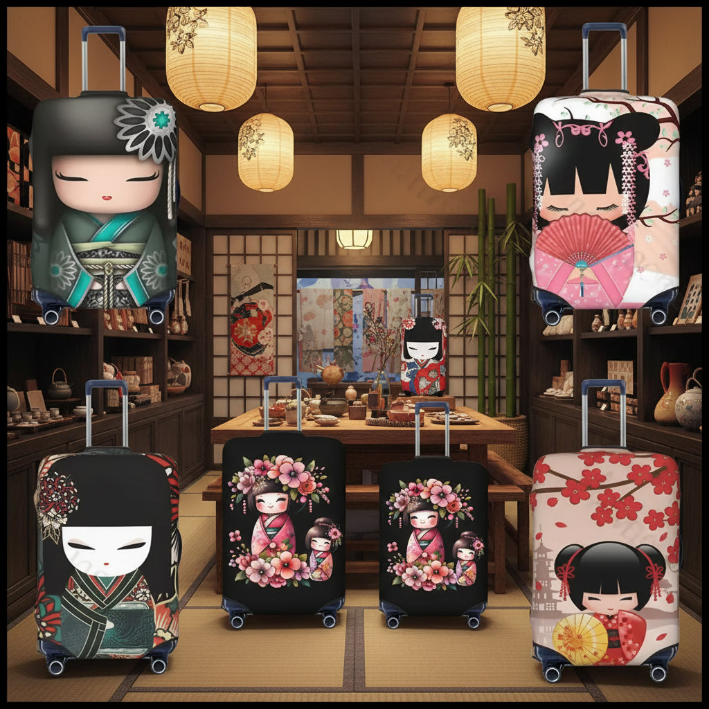 Set of Japanese Kokeshi Doll Luggage Covers in traditional kimono designs displayed in a Japanese-style room. Durable, elastic suitcase protectors.