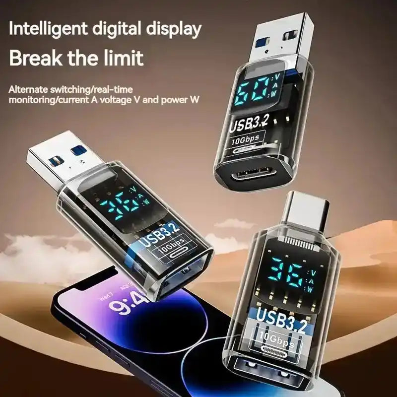 Digital display USB 3.2 adaptors with 36W fast charging and 10Gbps data sync, shown with smartphone and desert-themed background.
