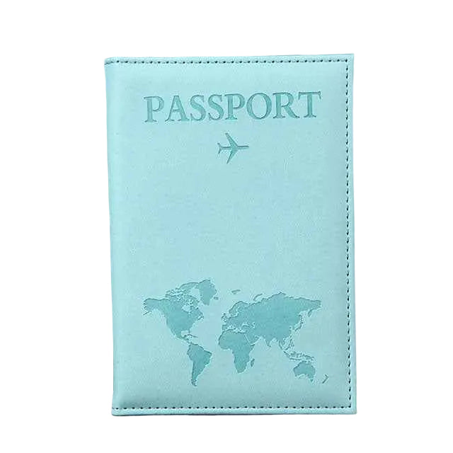 Turquoise passport holder with world map and airplane on a gray background