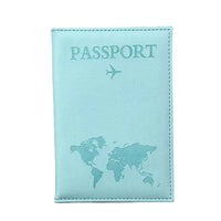 Turquoise passport holder with world map and airplane on a gray background
