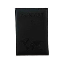 Black passport holder with world map design on a gray background
