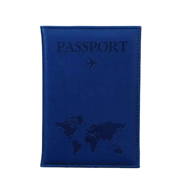 Blue passport holder with world map design on a gray background