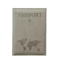 Beige passport holder with world map and airplane icon on a wooden surface and gray background