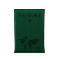 Green passport holder with world map design on a gray background