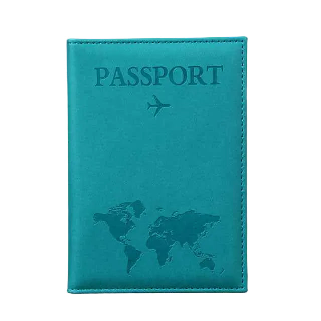 Turquoise passport holder with world map design on a gray background