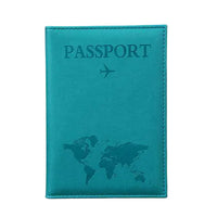 Turquoise passport holder with world map design on a gray background
