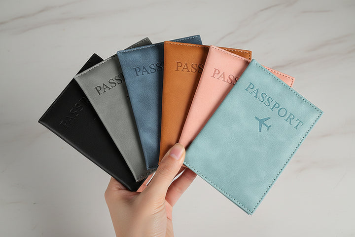 Set of five passport holders in different colors on a wooden surface with 'C style' branding.