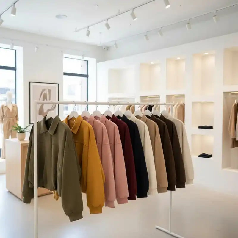 Women’s Bomber Jacket - Suede Bomber Zip Coat in multiple colors on display in a modern boutique, showcasing oversize zip design and streetwear style.