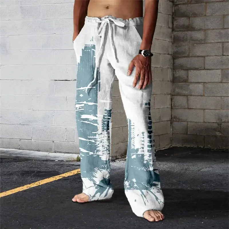 Hawaiian-Inspired Linen Wide Leg Pants for Men - 3D Printed Casual Beachwear for Summer Holidays