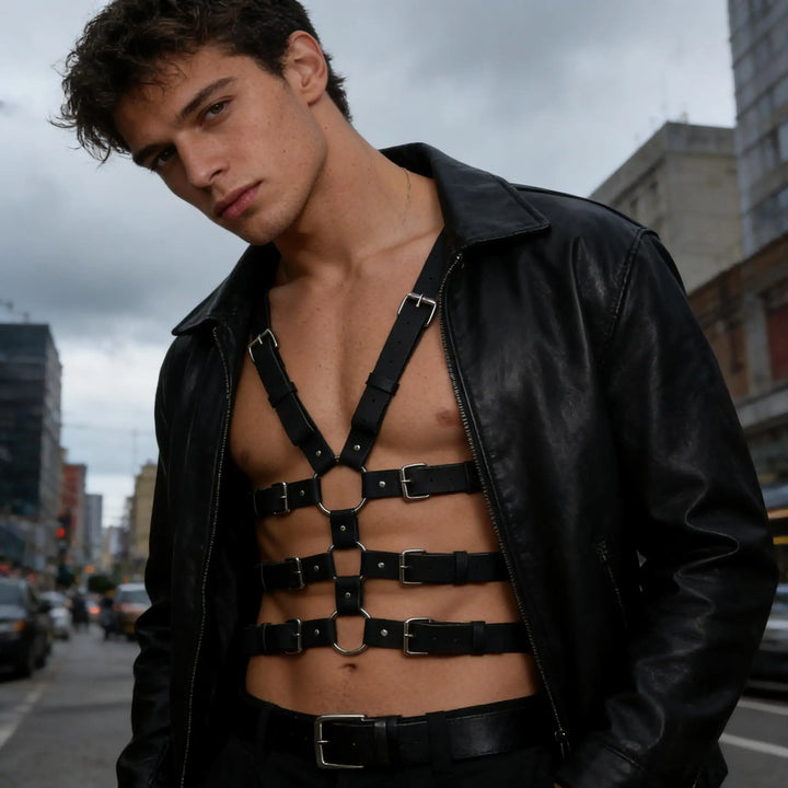 Men's harness leather belt for body and chest