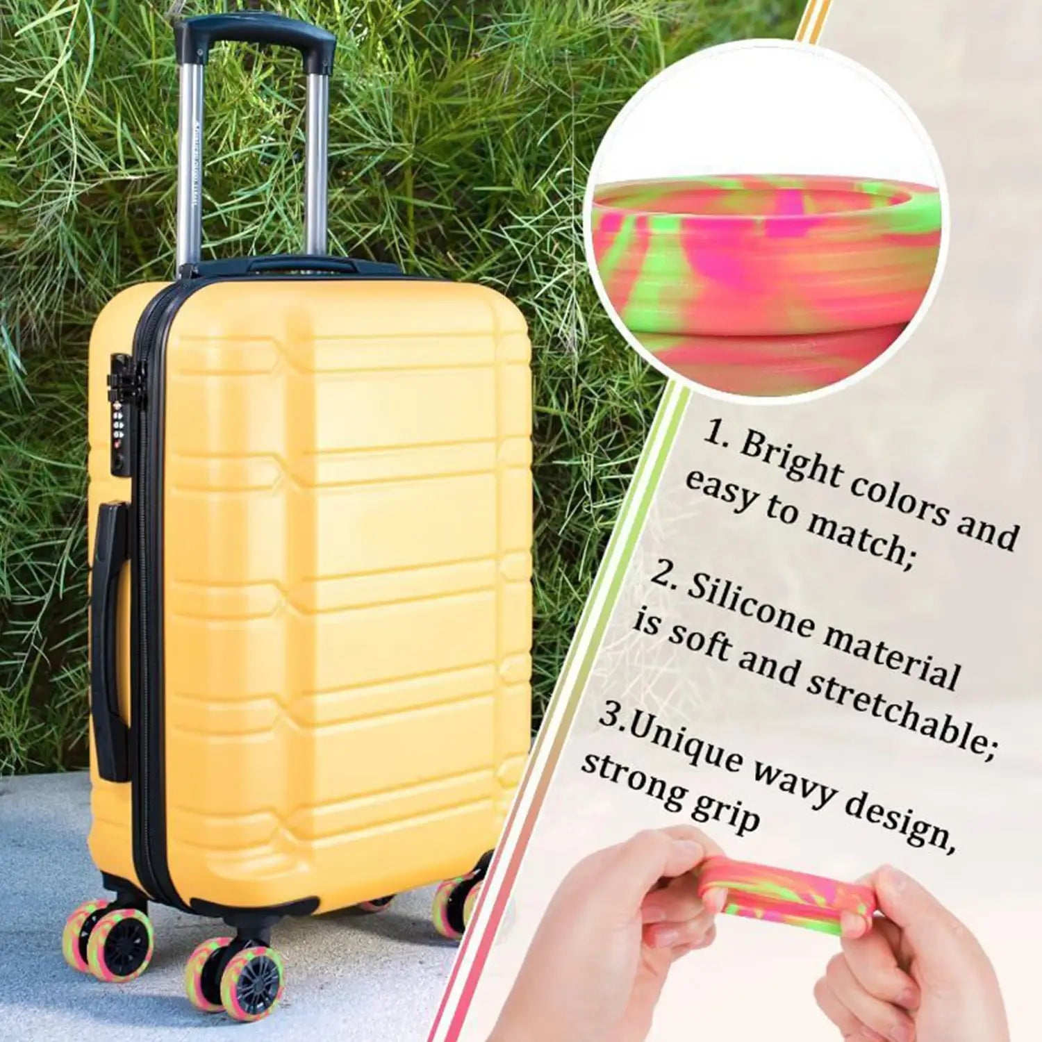 Colorful Silicone Luggage Wheel Protectors: Noise-Reducing Roller Sleeve Kits for Travel Suitcases