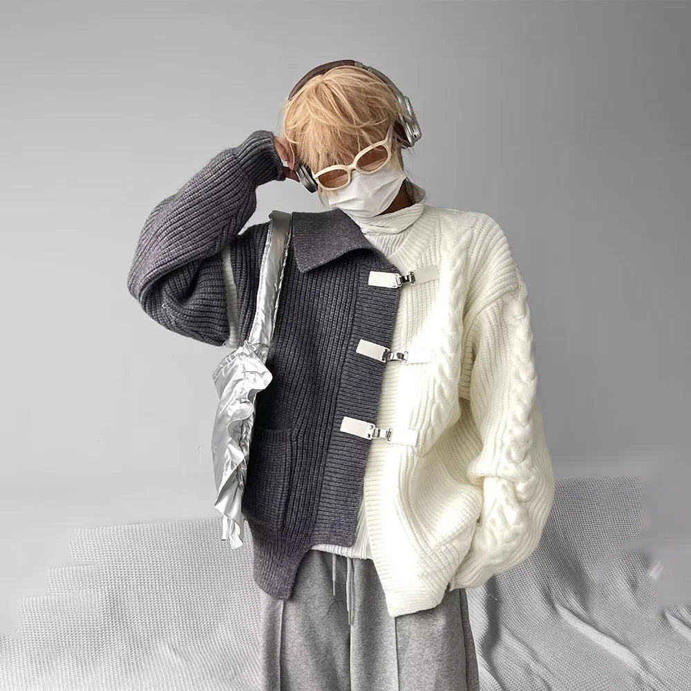 Y2K men's casual sweater with spliced knit design