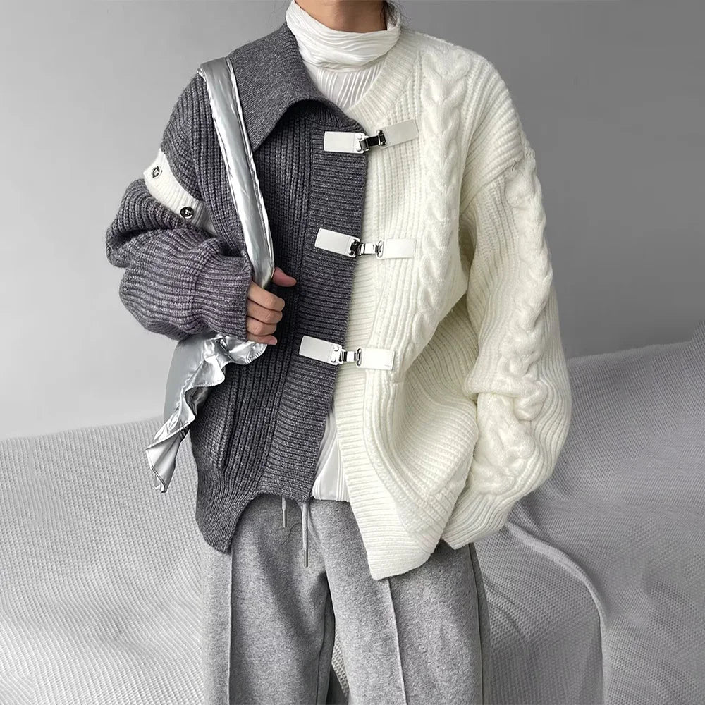 Fashion model wearing color-blocked oversized sweater with silver bag