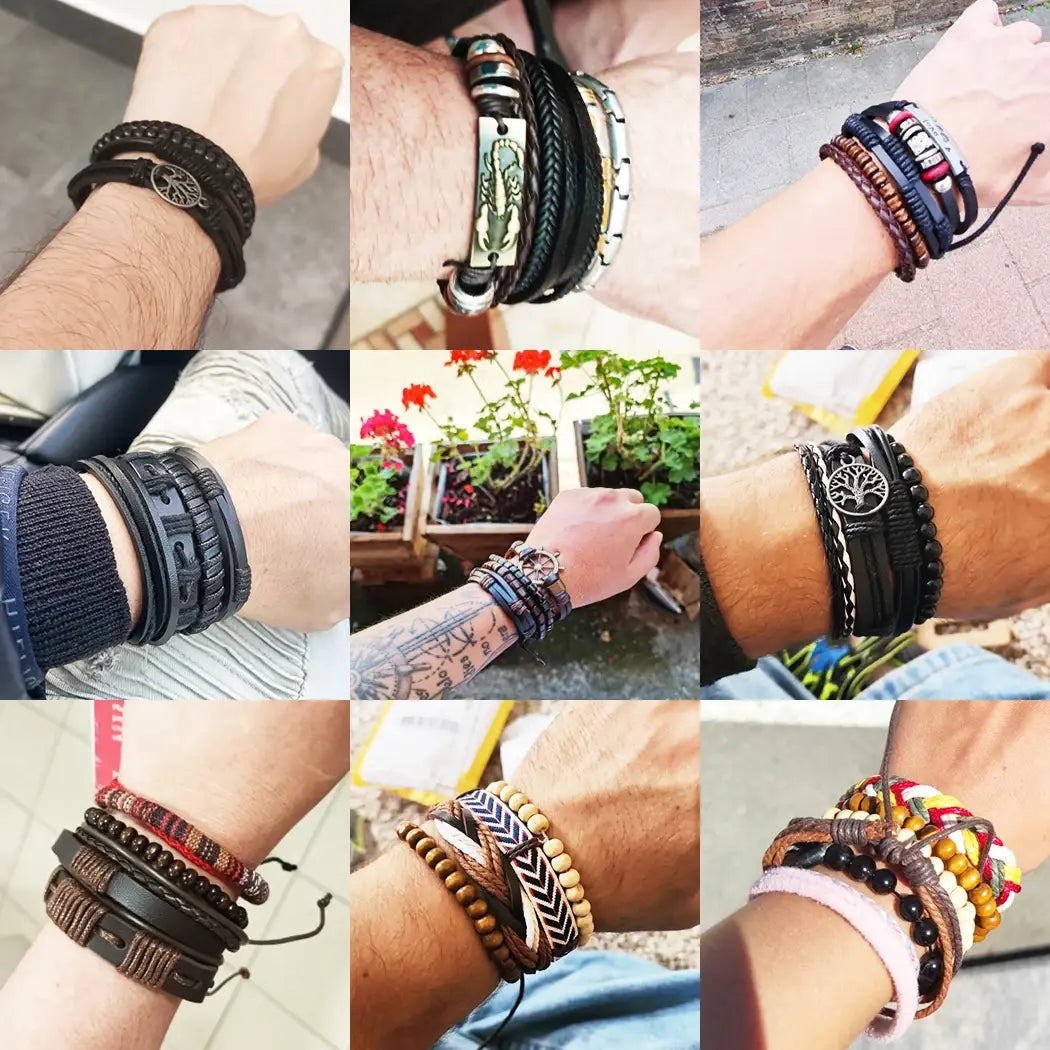 3/4-Piece Set Vintage Braided Leather Bracelets for Men - Life Tree and Guitar Wood Beads Fashion Wristband