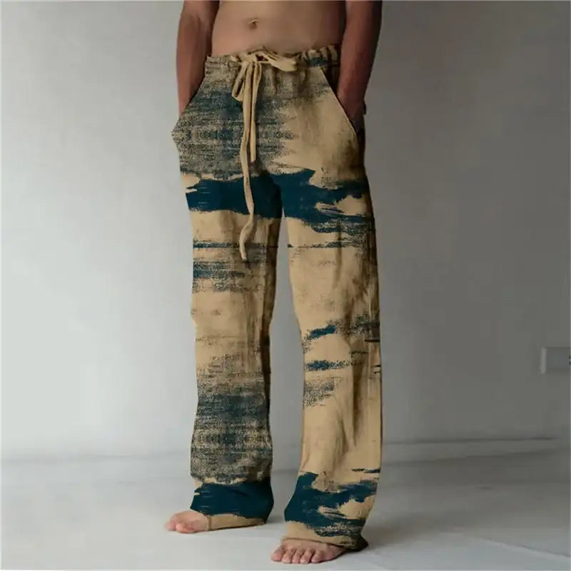 Hawaiian-Inspired Linen Wide Leg Pants for Men - 3D Printed Casual Beachwear for Summer Holidays