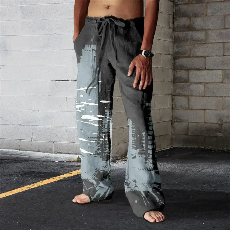 Hawaiian-Inspired Linen Wide Leg Pants for Men - 3D Printed Casual Beachwear for Summer Holidays